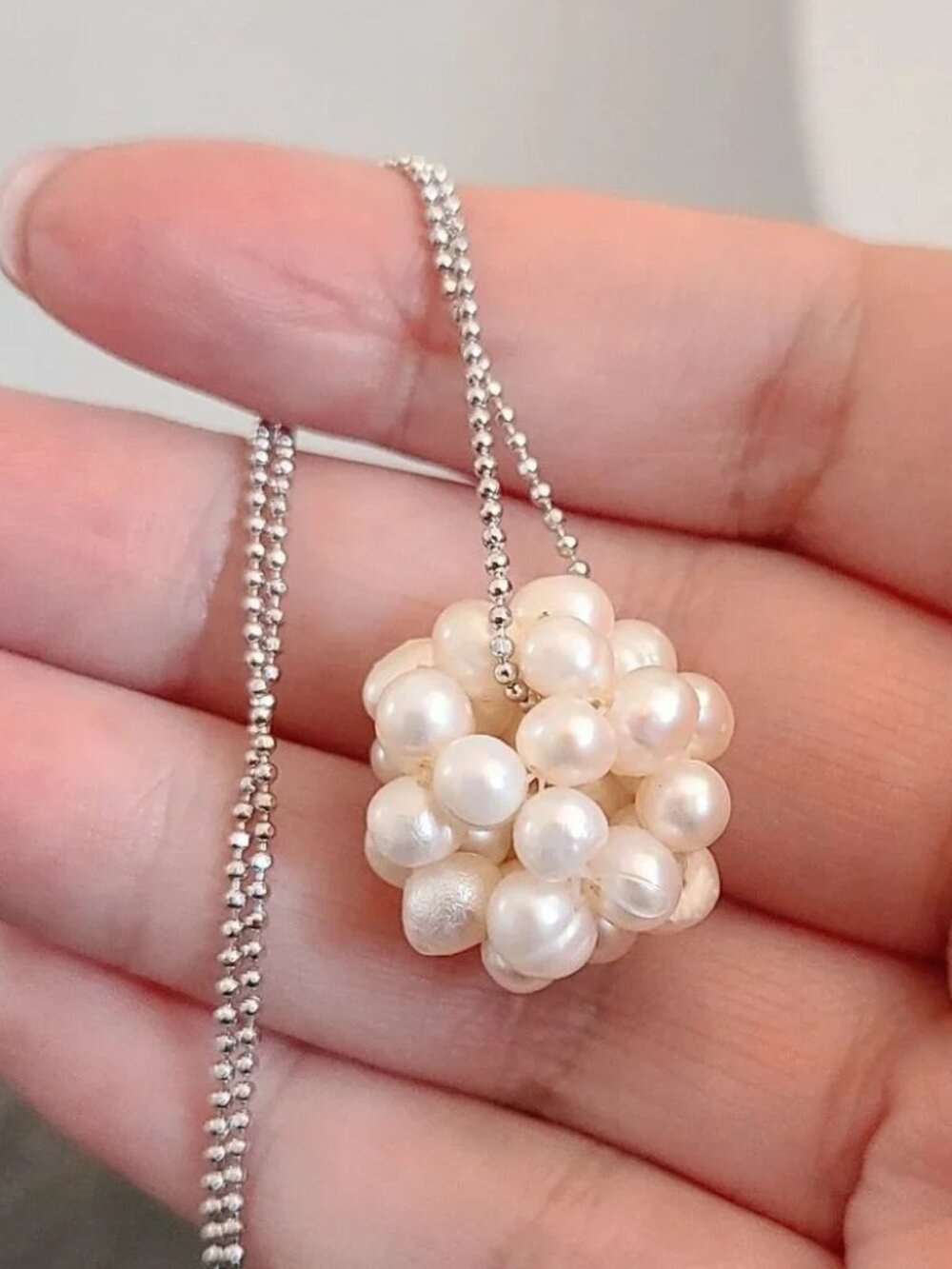 Mississippi Snowball Genuine Pearl Cluster Pendant Necklace Sterling Silver - Picture 6 of 12